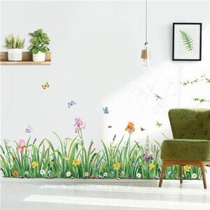 Green Grass Flower Wall Decals Floral Butterfly Baseboard Skirting Stickers